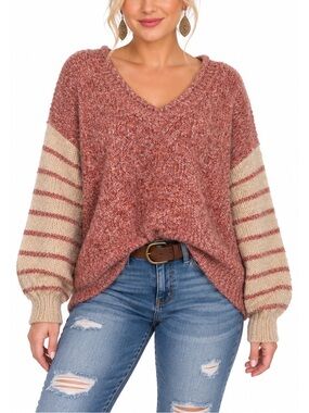POL Color Block Sweater feat. a red speckled knit bodice, striped long sleeves